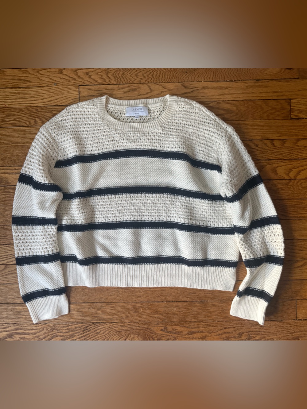La Ligne Cream and Navy Striped Crewneck Sweater - Size Medium